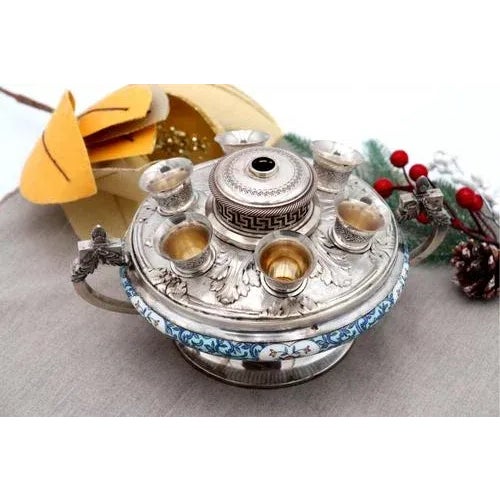 Silver Silver and Porcelain Liqueur Bottle with Glasses, Set of 7 For Sale - Image 8 of 8