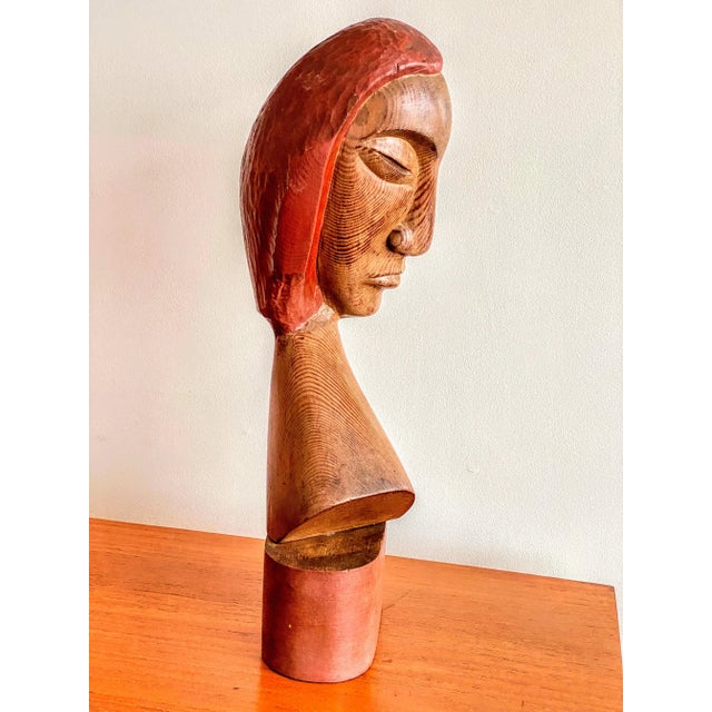 Figurative Large Carved Wood Bust of Androgynous Figure For Sale - Image 3 of 10