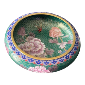 1970s Chinese Cloisonné Enamel and Brass Bowl With Flowers and Birds