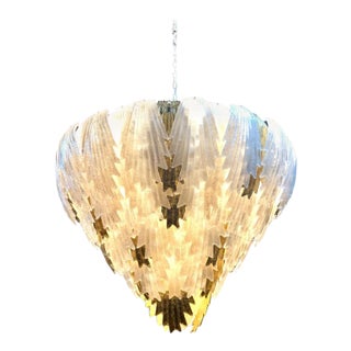 Large Scale Murano White and Gold Glass Leaf Form Waterfall Chandelier For Sale