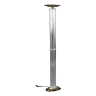 1980s Art Deco Inspired Clear Acrylic Lucite and Gold Brass Torchiere Floor Lamp For Sale