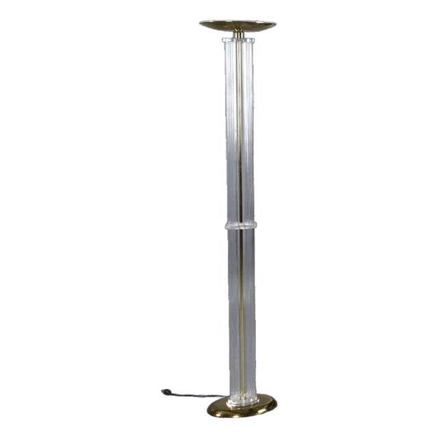 Art Deco Inspired Clear Acrylic Lucite and Gold Brass Torchiere Floor Lamp For Sale