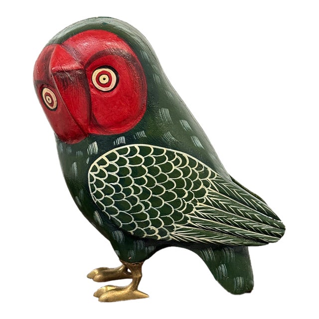 Sudha Hand-Painted Wooden Owl Figurine For Sale