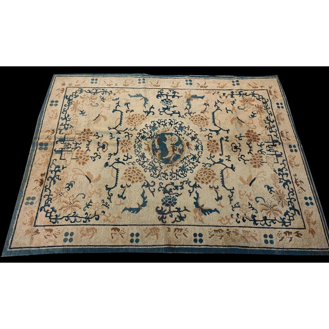 Textile 1880s Beige Foo Dogs Chinese Lions Medallion Antique Ningxia Small Rug For Sale - Image 7 of 9