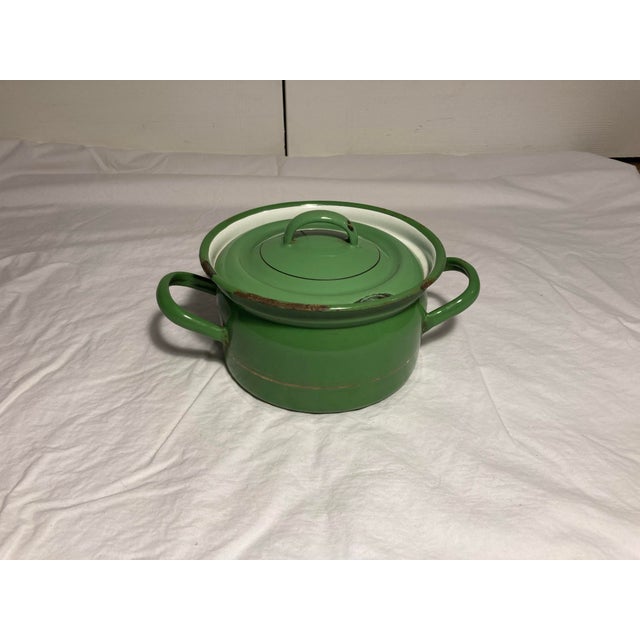 Vintage Enamel Ware Pot With Lid in Green With Narrow Gold Stripe Handle to Two Sides For Sale - Image 9 of 12