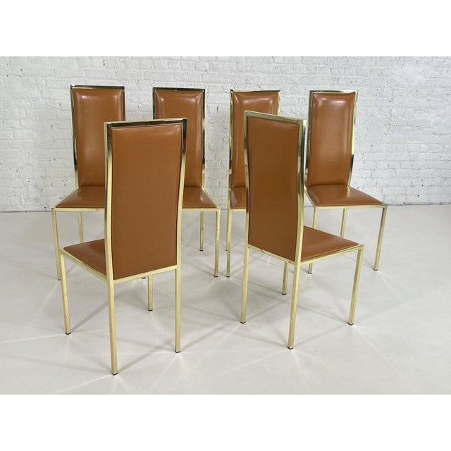 Cognac Leather and Brass Chairs by Renato Zevi, 1970s, Set of 6 For Sale - Image 6 of 7