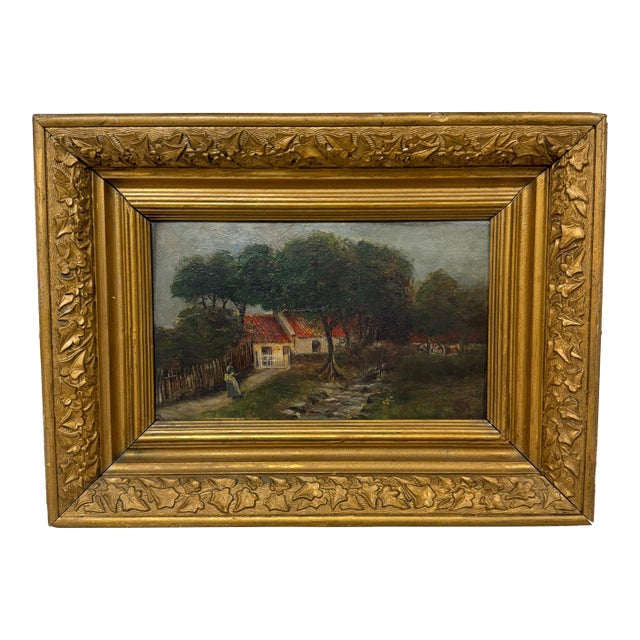 Oil on Canvas Cottage by the Stream For Sale