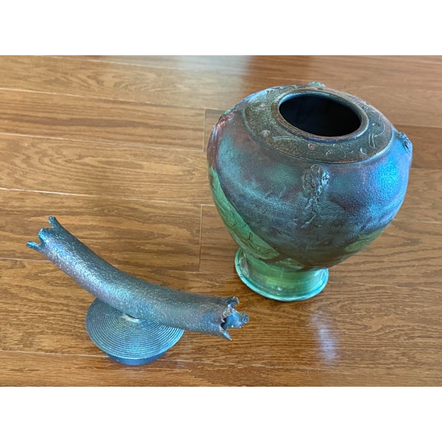 Ceramic Exquisite Signed "Ryon" Large Studio Art Raku Lidded Vessel With Ceramic Branch-Like Handle With Decorative Jewel Adornment - Vintage For Sale - Image 7 of 12