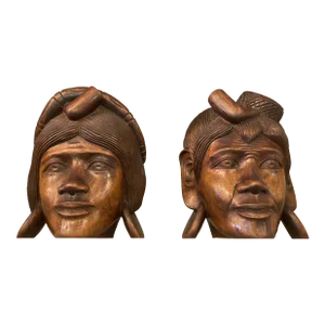 Vintage Carved Large Wooden Islander Heads Bookends - a Pair