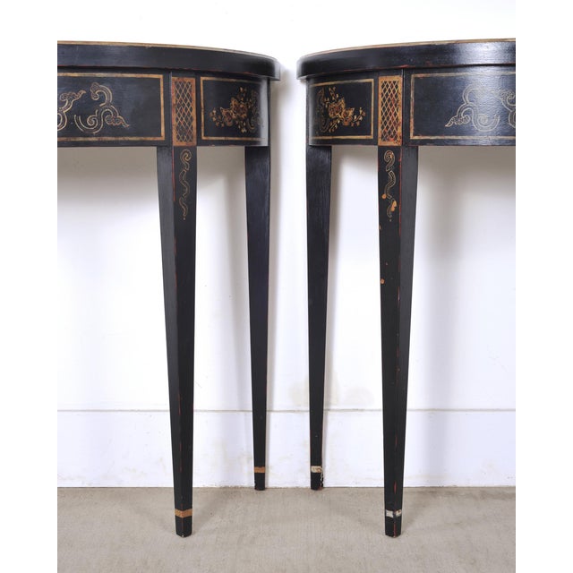Pair of Regency Style Chinoiserie Decorated Demilune Consoles For Sale - Image 14 of 18