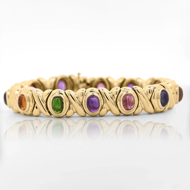 1990s 18k Gold Multi Color Gemstone Vintage Estate X Bezel Bracelet For Sale In Miami - Image 6 of 8