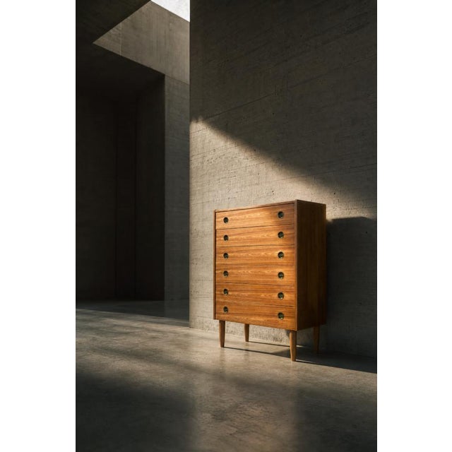 Brown Mid-Century Danish Modern High Teak Highboy with Brass Handles, 1960s For Sale - Image 8 of 18