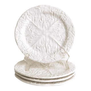 Secla Portuguese White Majolica Cabbageware Salad/Dessert Plates, Set of 4 For Sale