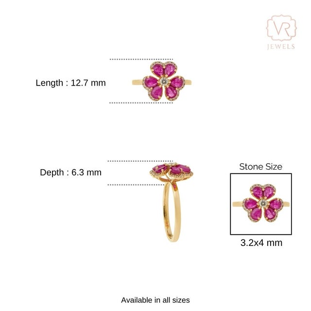 VRJewels Blooming 1.18ct Ruby Diamond Floral Cocktail Ring Size 9 in 14k Yellow Gold For Sale - Image 11 of 15