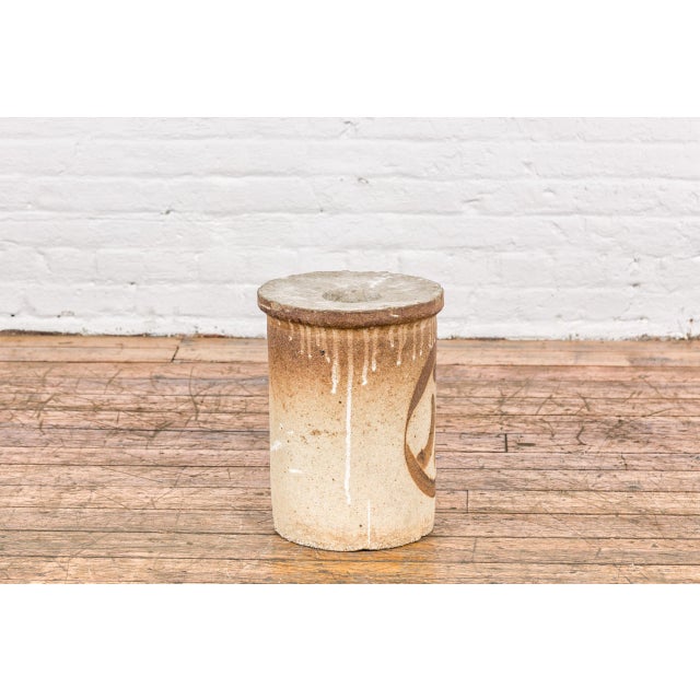 An antique Japanese Seto ware plant stand with calligraphy décor and circular top. This antique Japanese Seto ware plant...