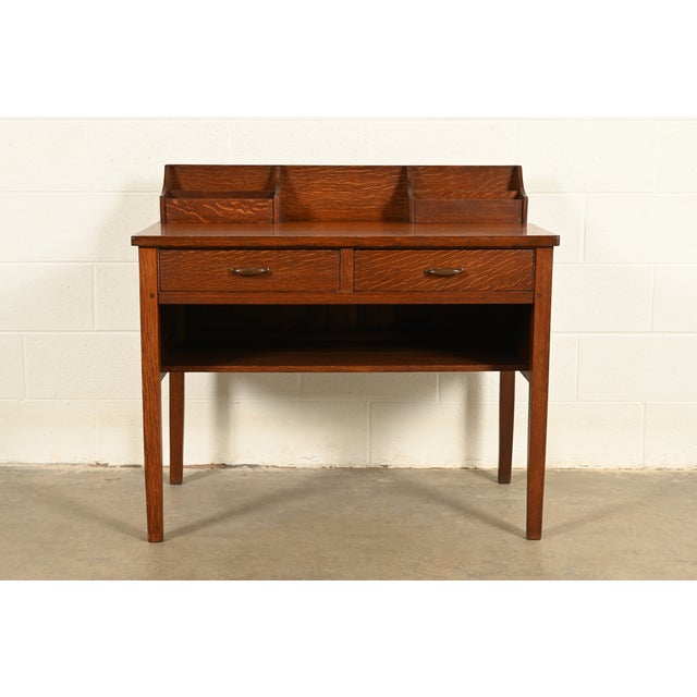Mission Early Gustav Stickley Mission Oak Arts & Crafts Writing Desk, Circa 1904 For Sale - Image 3 of 15