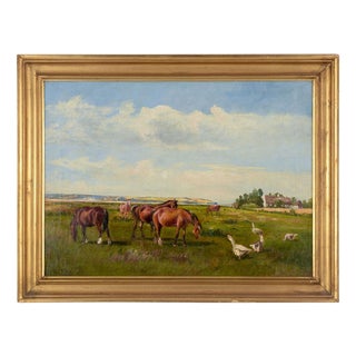 Niels Christiansen, Landscape with Horses and Geese, 1920s, Oil on Canvas For Sale