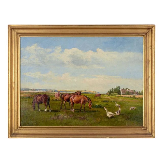 Niels Christiansen, Landscape with Horses and Geese, 1920s, Oil on Canvas For Sale