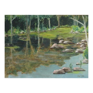 Vintage 1960s Woodland Lake Landscape Painting For Sale