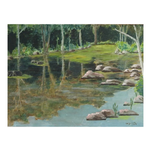 Vintage 1960s Woodland Lake Landscape Painting For Sale