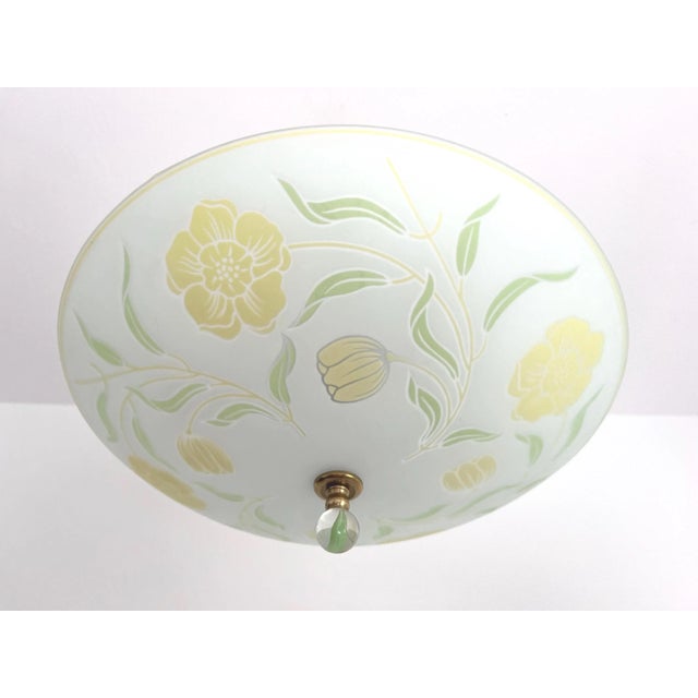 Gorgeous early mid century frosted matte glass flush mount ceiling light in an Arts & Crafts style reminiscent of William...