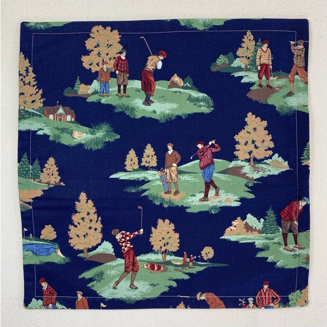 Designer Vicki Payne Free Spirit Printworks Blue Burgundy Green Tan Country Club Golf Toile Pillow Covers- 19" Set of 3 For Sale - Image 4 of 7