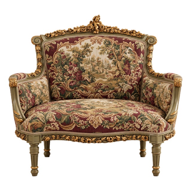 French Louis XVI Style Armchair – Floral Tapestry Upholstery, Gold Leaf Frame & Cherub Crest For Sale