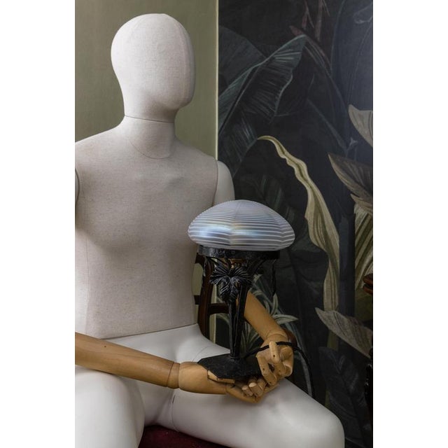 Black Art Nouveau French White Iridescent Glass and Wrought Iron Table Lamp, 1920s For Sale - Image 8 of 18