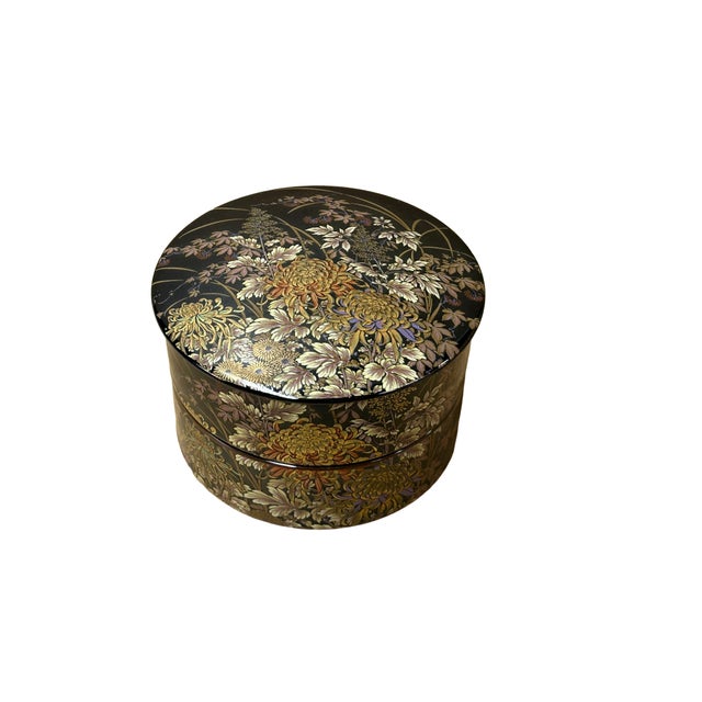 5" Oriental Black Glaze Porcelain Stack Round Box Golden Flower Graphic For Sale - Image 4 of 7