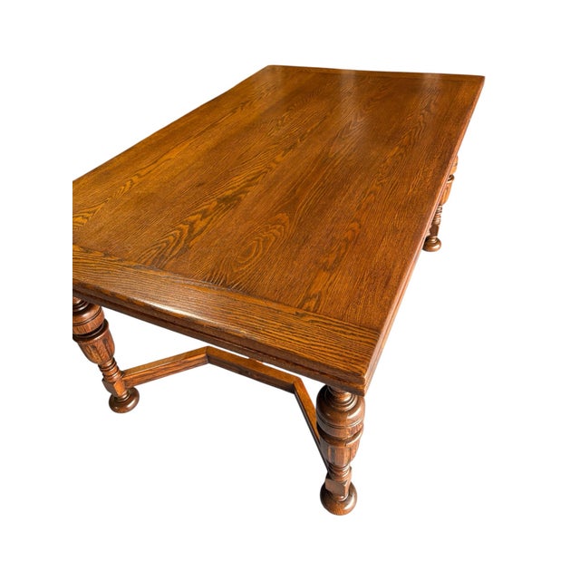 1930s Pristine Solid Oak Draw Leaf Table For Sale - Image 10 of 12