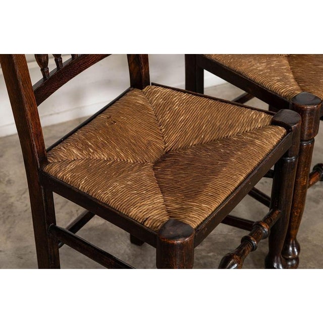 Wood 19th Century Farmhouse English Oak Harlequin Rush Spindle Back Dining Chairs, 1880, Set of 6 For Sale - Image 7 of 13