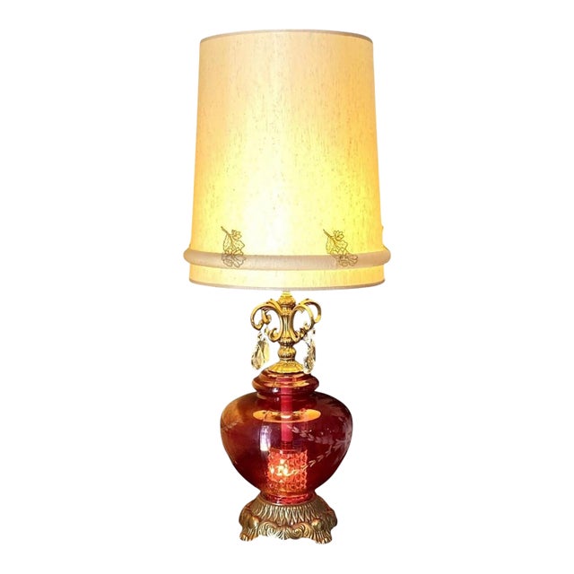 1970s Hollywood Regency Cut Ruby Glass & Crystal Prism Globe Table Lamp Light Up Base For Sale