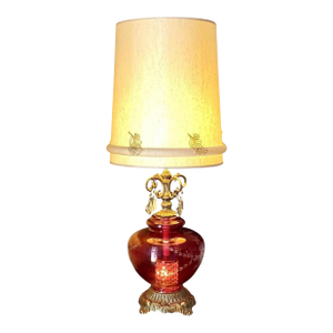 1970s Hollywood Regency Cut Ruby Glass & Crystal Prism Globe Table Lamp Light Up Base