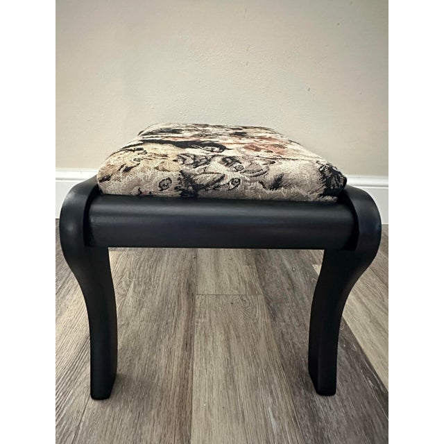 Wood Antique Early 20th Century Victorian Footstool Black With Cat Tapestry Upholstered Cushion For Sale - Image 7 of 9