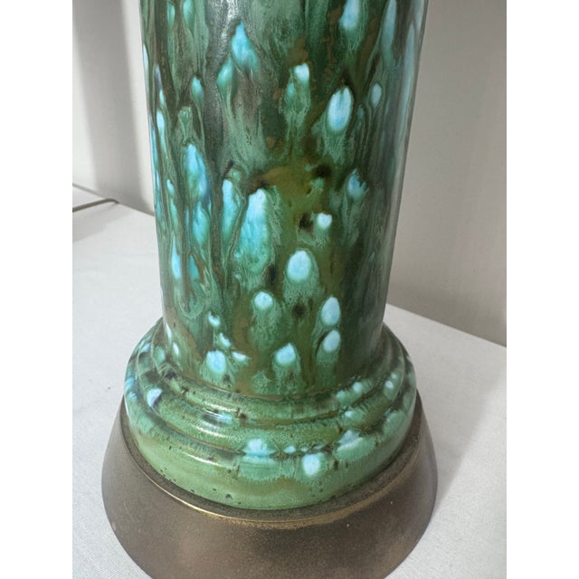Aqua Vintage Mid Century Hollywood Regency Drip Glaze Ceramic Aqua, Brass & Gold Leaf Shaded Table Lamps, a Pair For Sale - Image 8 of 18