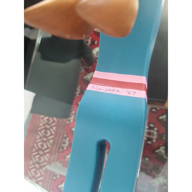 1980s 1987 JW Eaton Postmodern Pink and Blue Wooden Sculpture "Lamppost Flyer" For Sale - Image 5 of 7