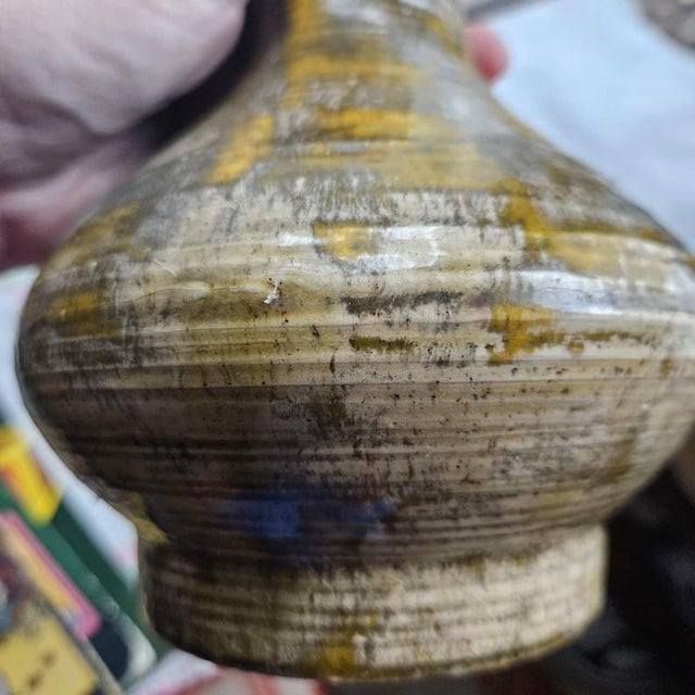 Vintage Early Mid-Century Signed Studio Pottery Vase Bottle MCM Green Yellow Glazed 7.5" Tall For Sale - Image 4 of 6