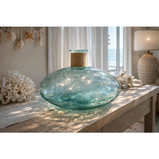 Large Aqua Recycled Glass Demijohn Vessel With Twine-Wrapped Neck – 17” Mediterranean Coastal Bottle For Sale In Los Angeles - Image 6 of 9
