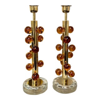 Pair of Modern Murano Peach Ball Form Lamps For Sale