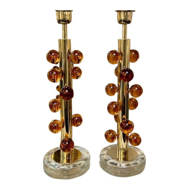 Pair of Modern Murano Peach Ball Form Lamps For Sale