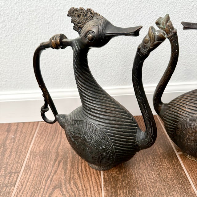 Metal Two Antique Aquamanile Mughal Bronze Ritual Hamsa Goose / Swans W Golden Eyes For Sale - Image 7 of 12