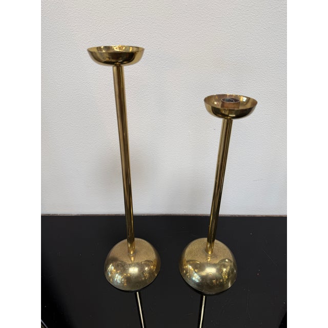 Pair of Mid-Century Italian Brass Candlesticks With Sculptural Domed Bases, 1960 For Sale - Image 4 of 8