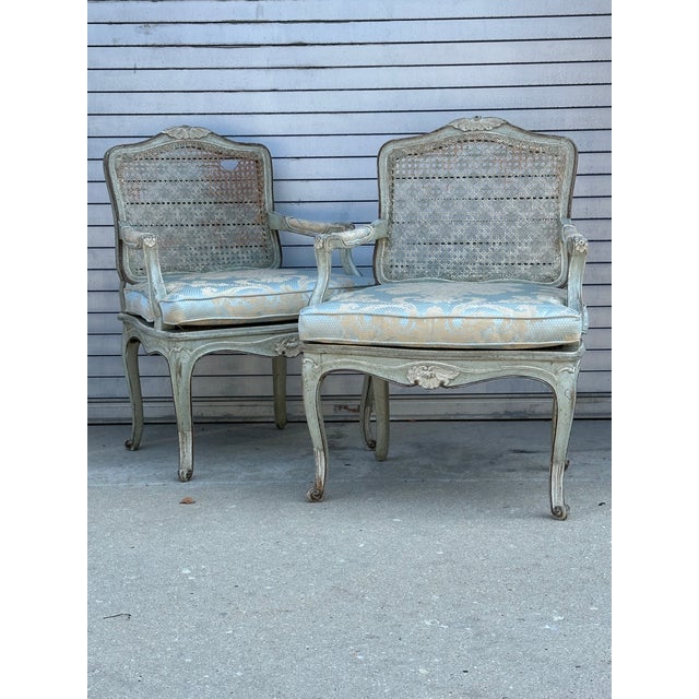 Pair of Painted Louis XV Armchairs With Hand Caned Seats, France, Circa 1830 For Sale - Image 4 of 18