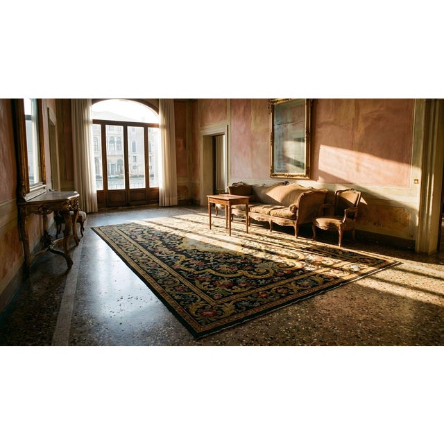 Spectacular Blackground Color in a Traditional Baroque Style Antique French Needlepoint Rug For Sale - Image 10 of 11