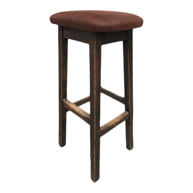 Custom Made Arts and Crafts Style Oak and Leather Upholstered Bar Stool For Sale