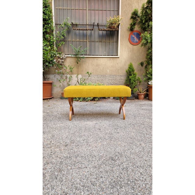 Bench with Light-Colored Crossed Wooden Legs and Yellow Fabric Seat, 1940s For Sale - Image 6 of 10