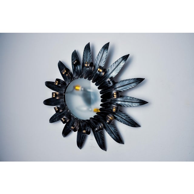 Hollywood Regency Large Metal and Silver Leaf Sun Wall Lamp by Ferro Arte, Spain, 1960s For Sale - Image 3 of 8