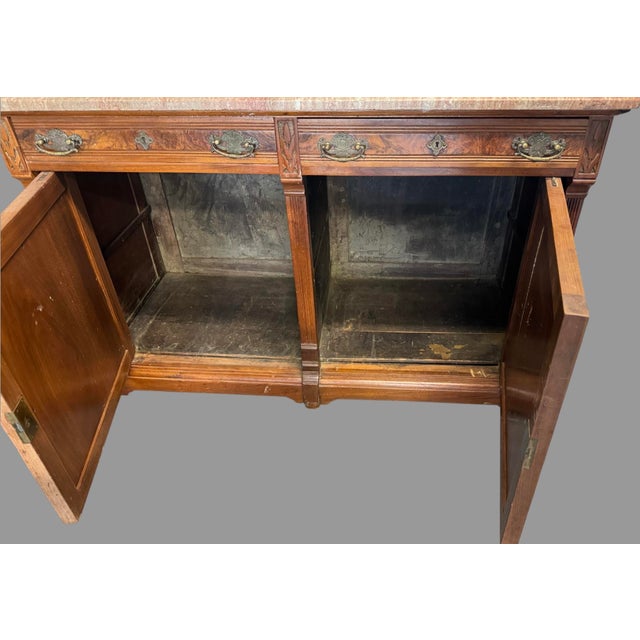 Early 20th Century Antique Victorian Marble Top Walnut Burl Sideboard Buffet Cabinet Credenza For Sale - Image 5 of 12