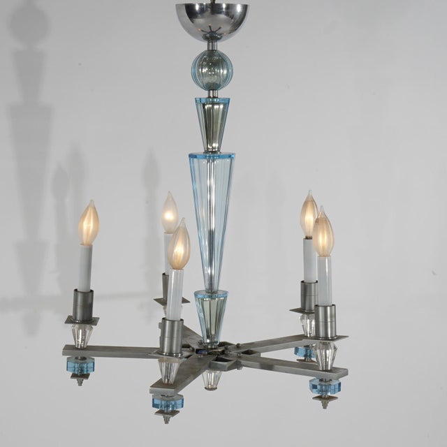 Metal Art Deco Mid Century Modern Chrome & Aqua Blue Glass Five-Light Chandelier C1950 For Sale - Image 7 of 9