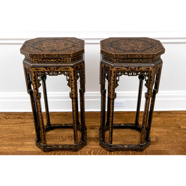 Vintage Chinoiserie Black Lacquered Octagonal Pedestal Stands—A Pair For Sale - Image 4 of 12